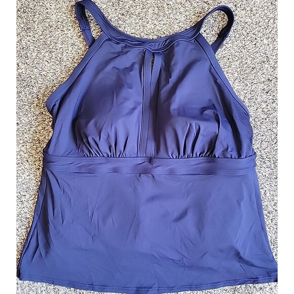 Swim Top Navy 16W DDD Halter Tankini Solid Padded Bra Lands End Plus 1X S479 - Picture 2 of 7